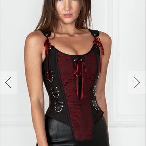 RED AND BLACK STEAMPUNK OVERBUST CORSET WITH SHOULDER STRAPS